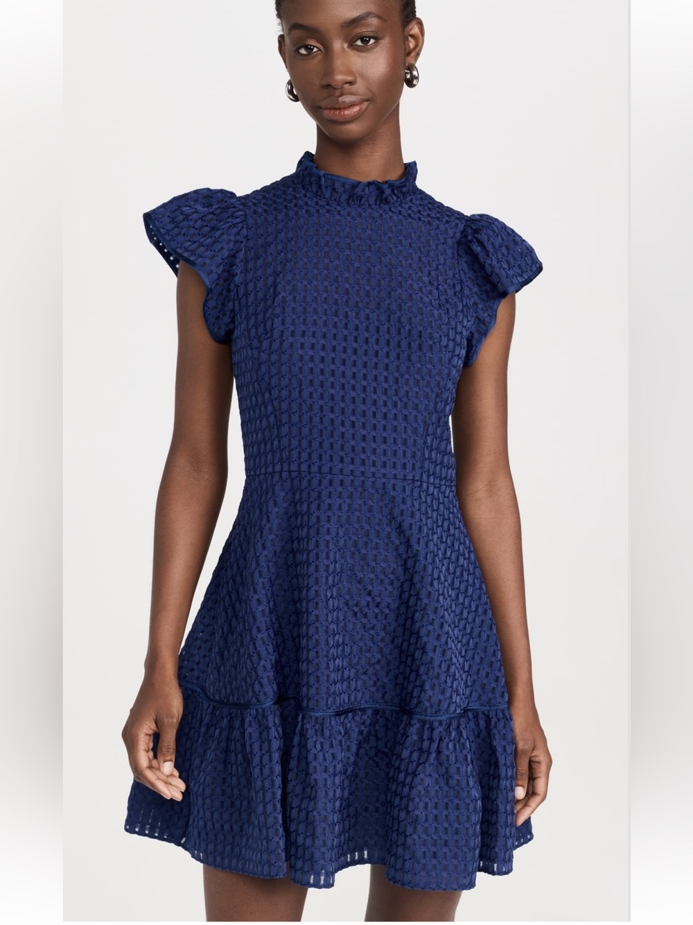 NWT Shoshanna Navy Blue Eyelet Textured Puff‎ Sleeve Ruffle Mini Dress Size 0